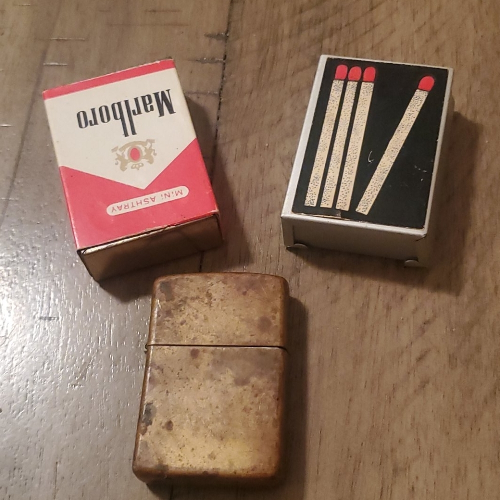 Vintage zippo and two mini vintage ashtrays